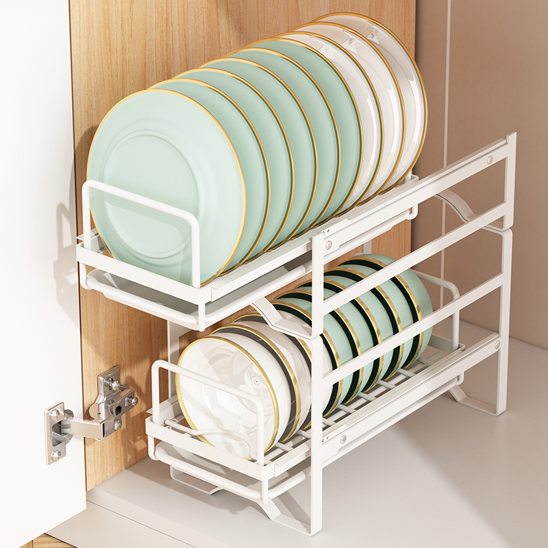 中式風格金屬材質可抽拉式廚房置物架適用於櫥櫃內碗碟瀝水收納