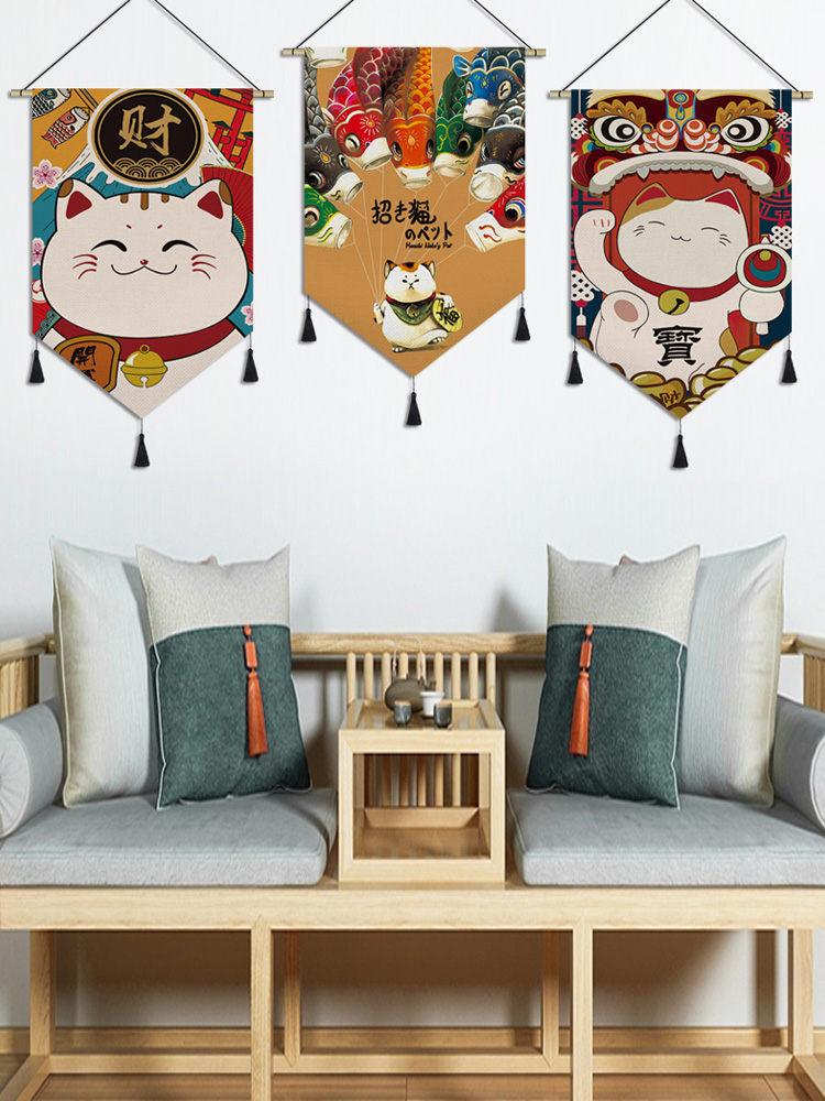 招財貓日式餐廳壽司店居酒屋風格壁毯化纖材質可手洗長方形圖案多款尺寸可選