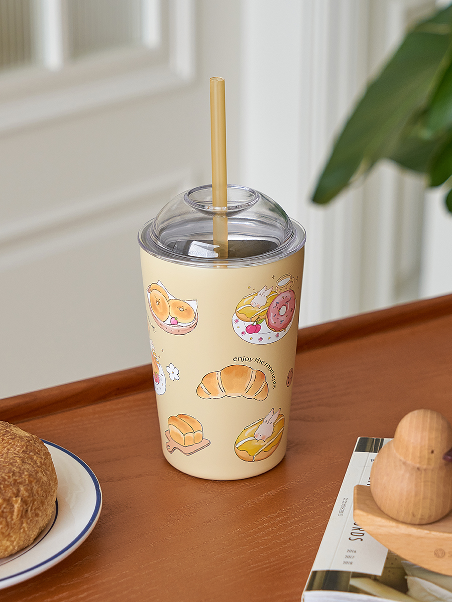 韓式風格 ENDLESS STARS 原創設計麵包兔子保溫杯304 不鏽鋼 吸管杯 咖啡杯 隨手杯 (1.4折)