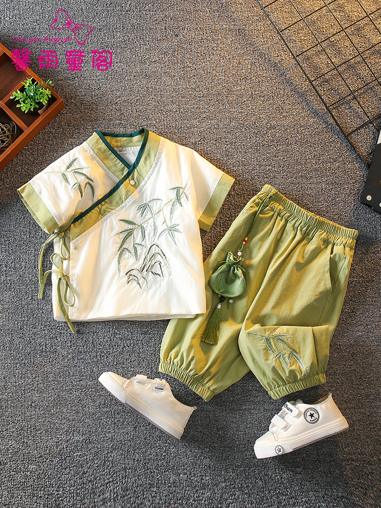 漢服男童國風套裝夏季中式兒童耑午古裝寶寶唐裝周嵗服六一縯出服