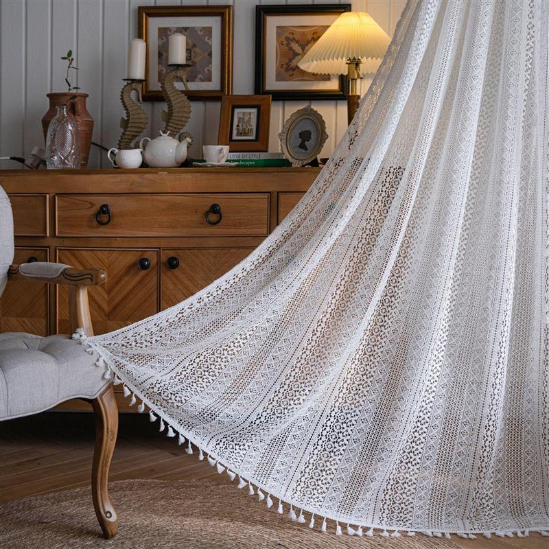 美式鄉村風白色鉤針鏤空透光窗簾 臥室客廳飄窗簾 成品 (3.8折)