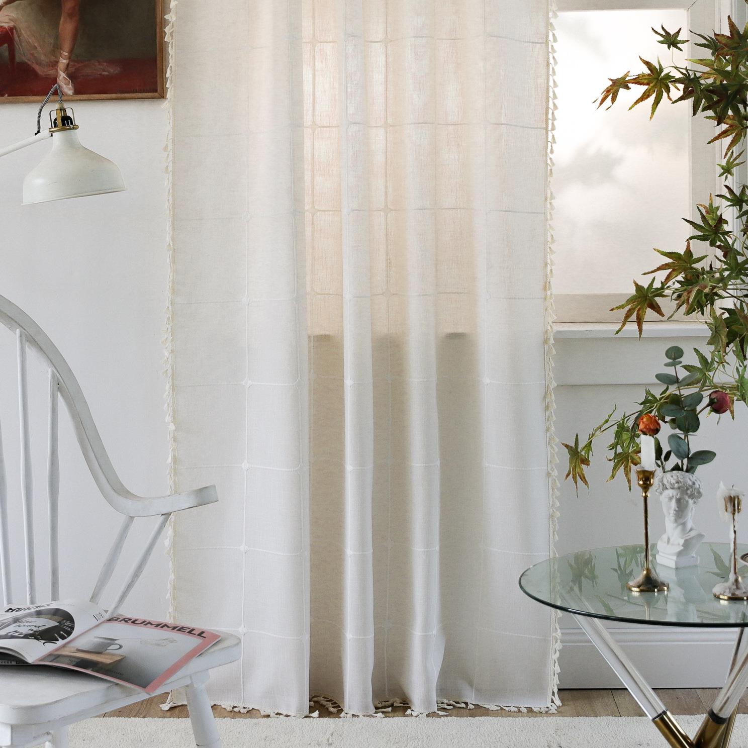 美式風刺繡白色大格子窗簾多種尺寸可選裝飾飄窗廚房小窗戶風格百搭遮光效果好 (2.9折)