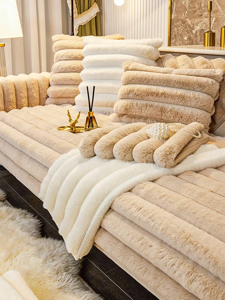 條紋兔毛絨沙發墊 冬季保暖沙發套防貓抓通用坐墊單人沙發布巾 (2.9折)
