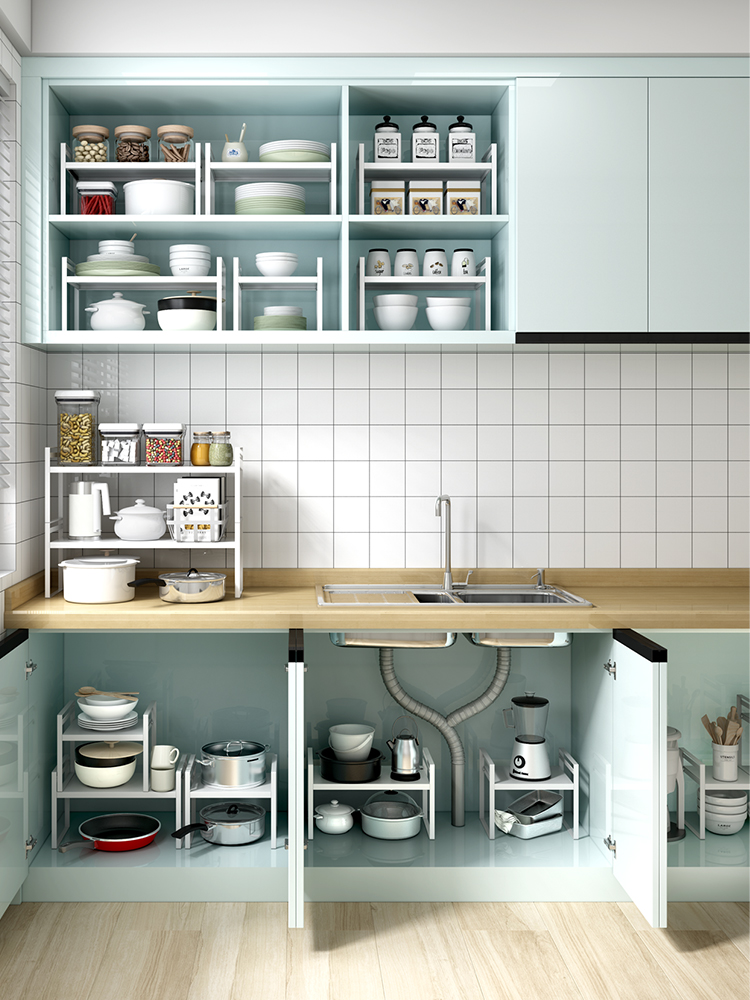 日式風格金屬免打孔水槽下兩層置物架輕鬆收納廚房小物件