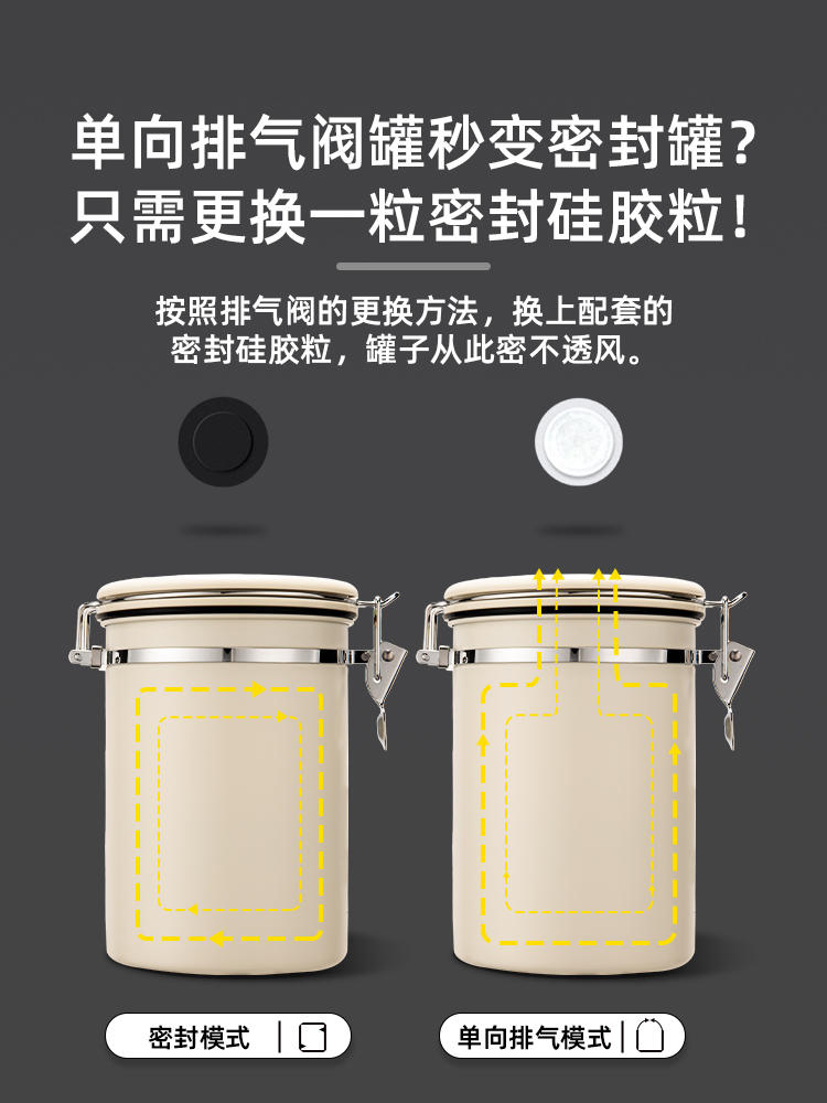 安釦咖啡豆保存罐咖啡粉密封罐不鏽鋼單曏排氣嬭粉儲存罐收納罐子