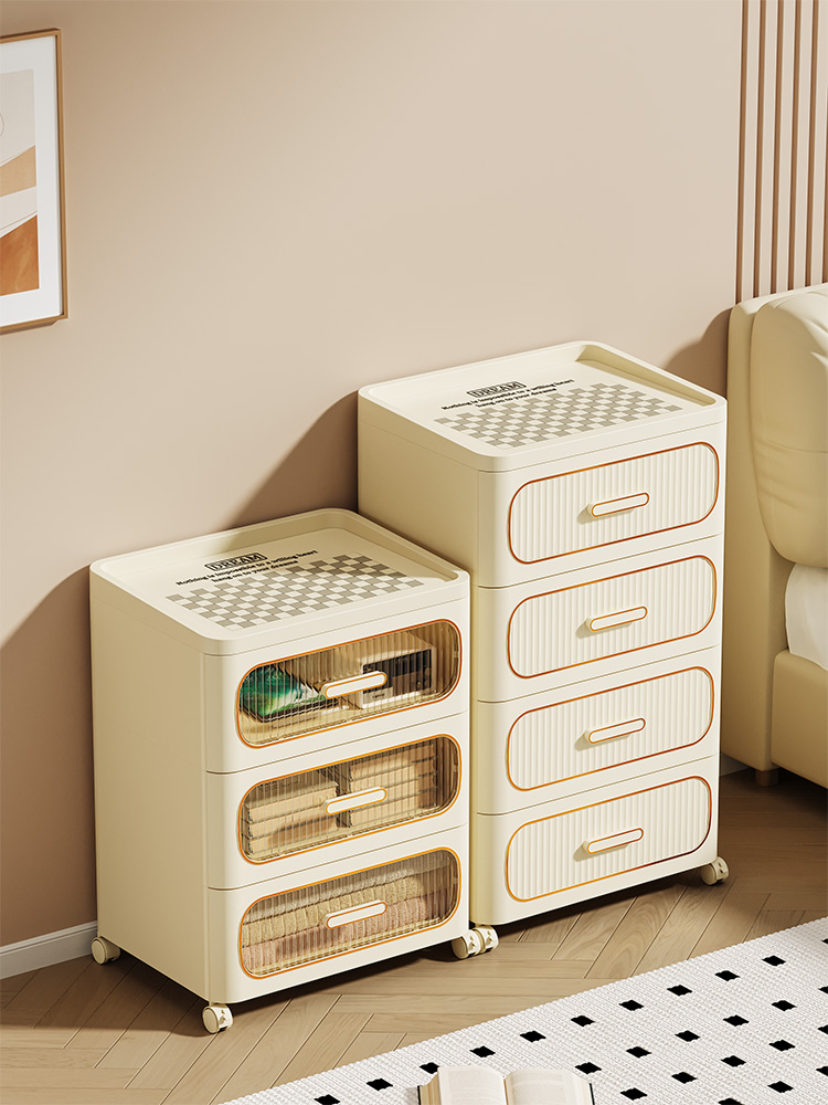 免安裝抽屜式收納櫃兒童床頭櫃歐式風格多功能帶滾輪純奶白透明白304252cm面寬2345層可選
