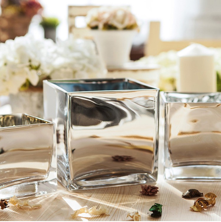 電鍍銀鏡面玻璃方缸花瓶簡約現代風格桌面花藝裝飾擺件