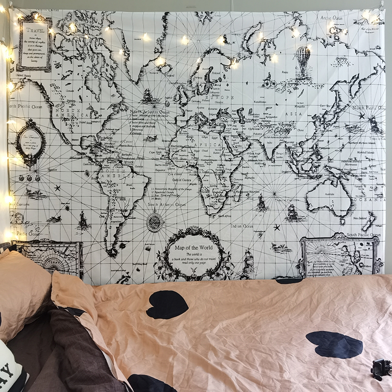 毛絨北歐風世界地圖背景布  ins風臥室牆布宿舍裝飾牆壁房間掛毯 (5.2折)