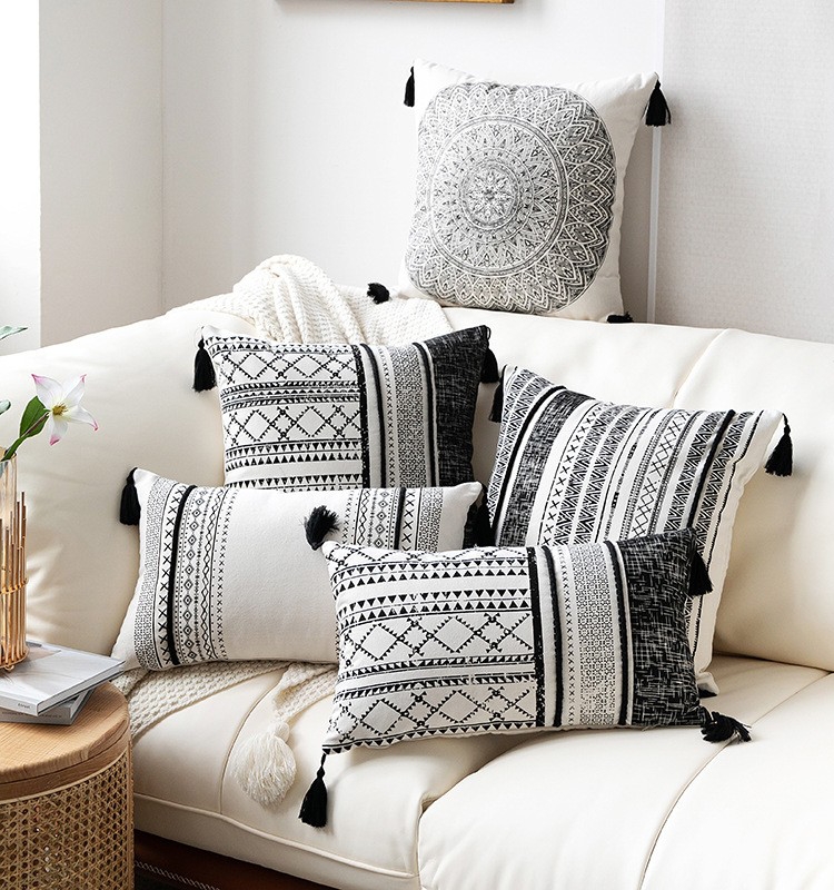東南亞異國風情波西米亞風純棉黑白紋理抱枕客廳裝飾枕頭