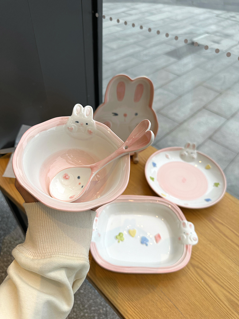 韓式可愛卡通兔子陶瓷釉下彩家用5英寸米飯碗女高顏值兒童早餐具圓形卡通動漫風格價格實惠適用於大眾