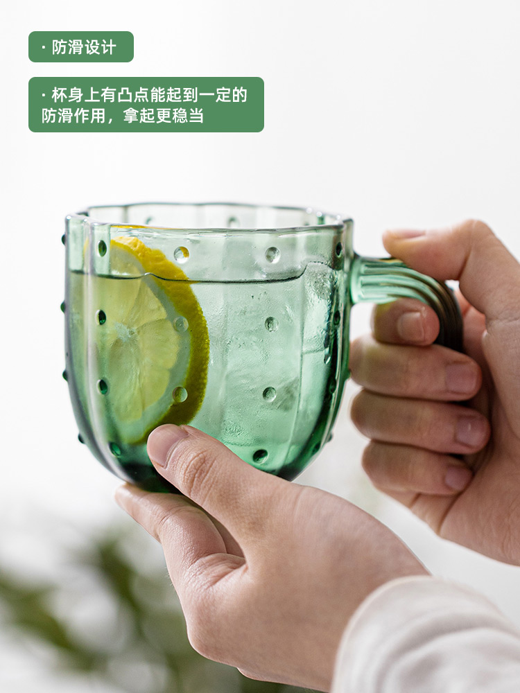 仙人掌喝水帶把手高顏值玻璃杯 小清新日式風