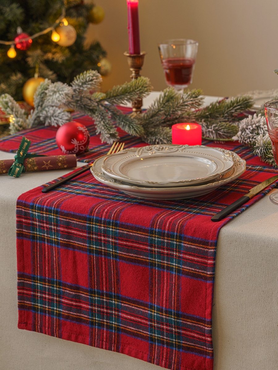 聖誕節紅格子桌旗 新年喜慶派對裝飾 美式復古茶几蓋巾 隔熱餐桌墊