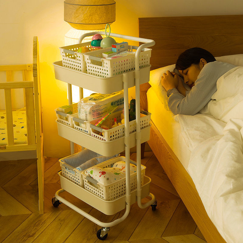 日式風格塑料置物架4層落地移動置物架臥室床頭化妝品零食收納置物架