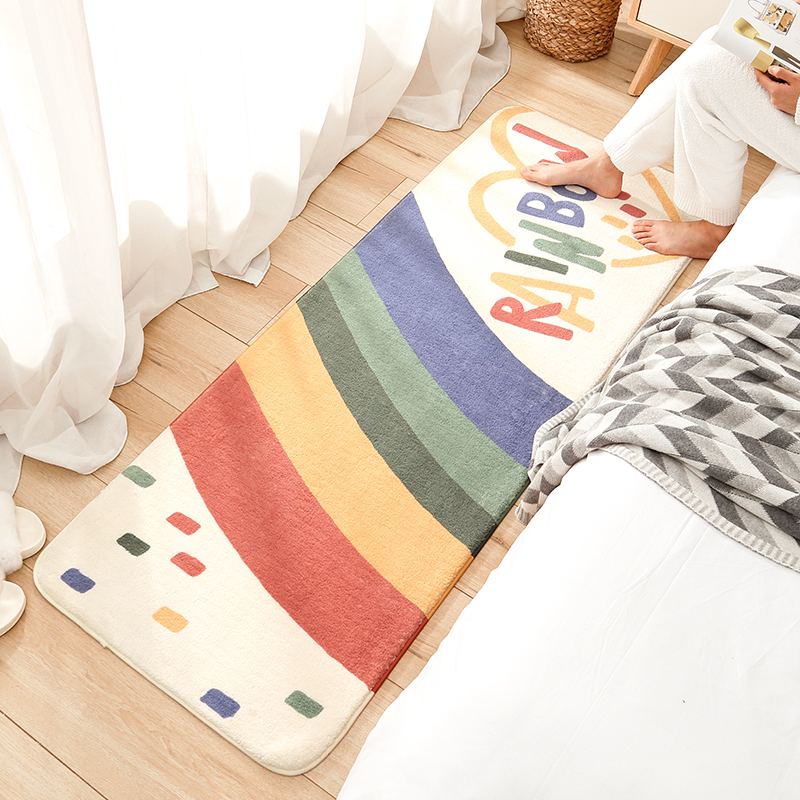 簡約風亞麻材質家用腳墊 客廳臥室床邊長條地墊多色彩虹天空 (5折)