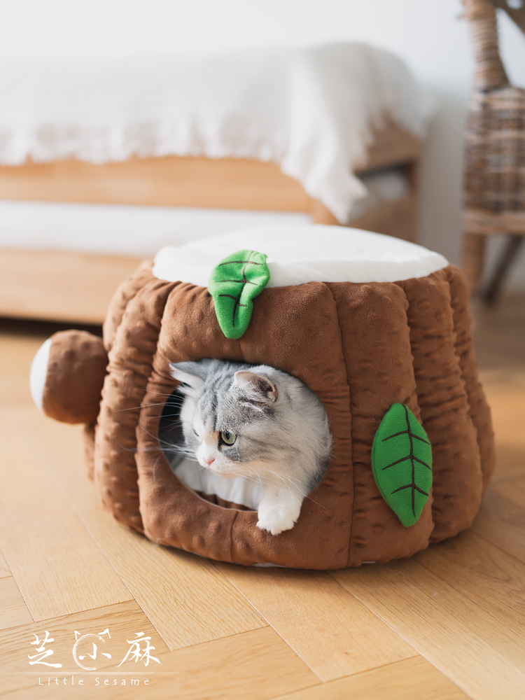 時尚卡哇伊豆豆絨樹洞貓窩溫暖封閉式貓屋舒適安撫寵物窩