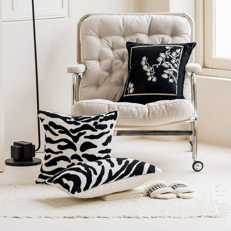 棋盤格黑白斑馬紋抱枕 北歐風客廳輕奢高級感沙發靠墊靠背