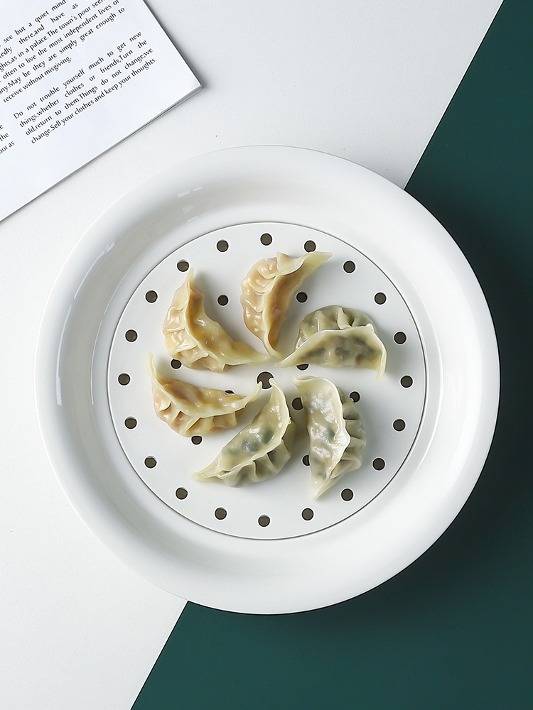 雙層瀝水日式陶瓷盤子 家用10寸創意純色圓形飯盤
