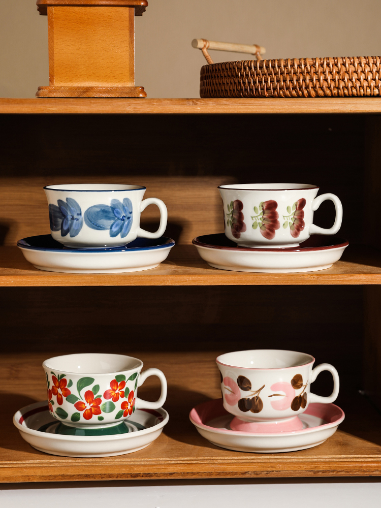 法式復古手繪設計感咖啡杯碟套裝精緻下午茶杯中古瓷杯子
