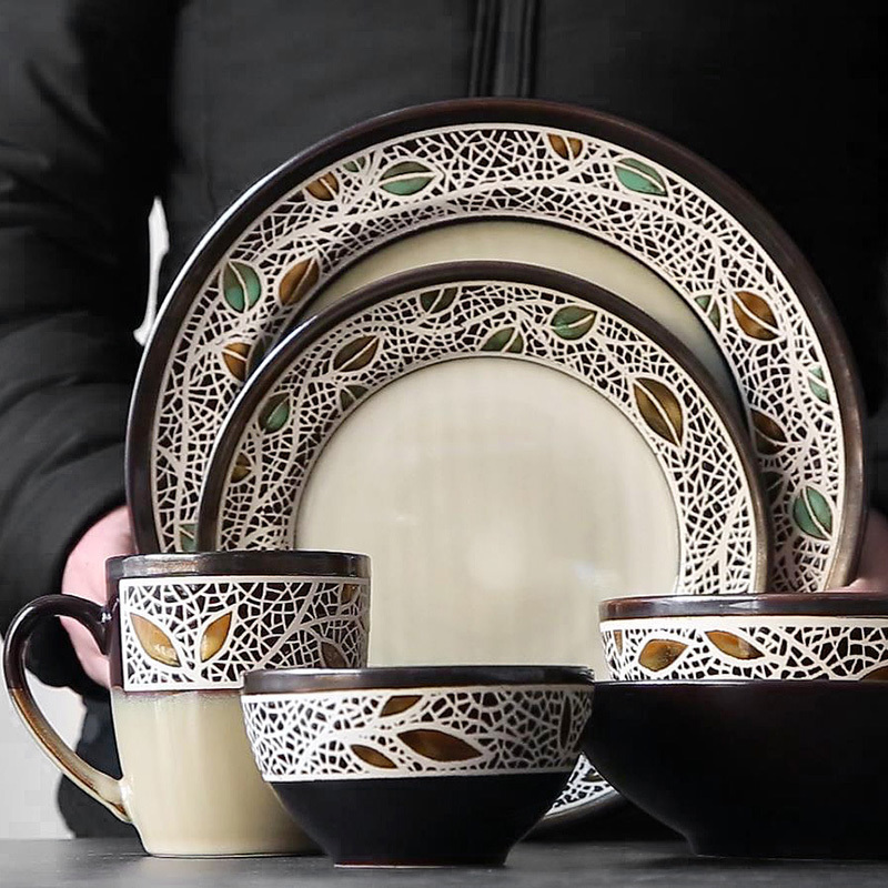 歐式復古創意碗杯套裝陶瓷餐具美式風格植物花卉圖案釉下彩工藝大眾適用
