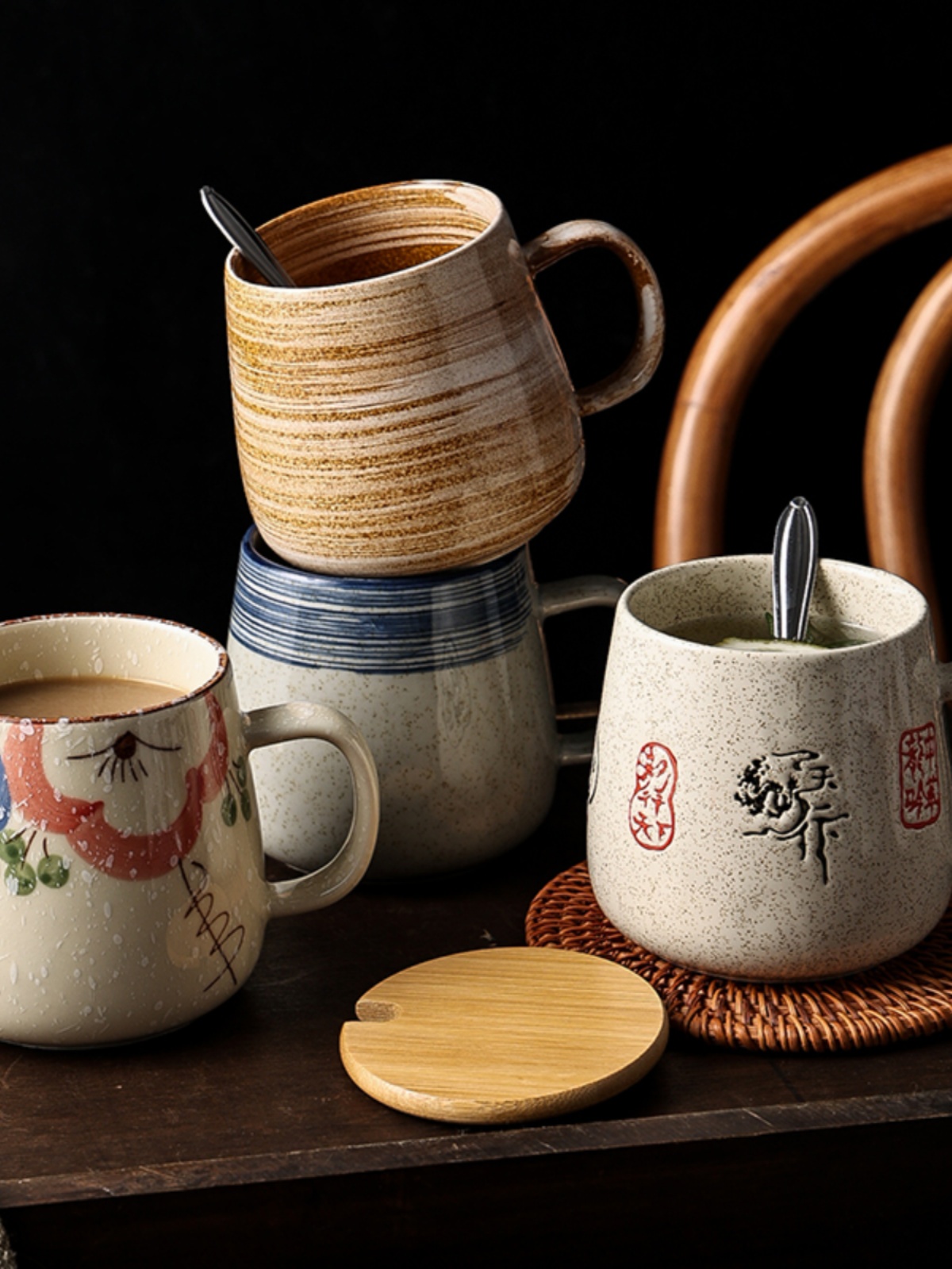 日式家用複古盃陶瓷盃子茶盃水盃馬尅盃帶蓋勺國風古風中式咖啡盃
