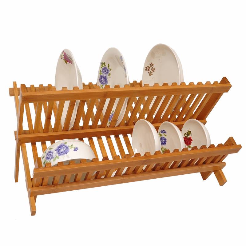 竹製摺疊瀝碗架 雙層晾碗架創意碟盤瀝水架16或20格收納碟子碗筷架 (8.3折)