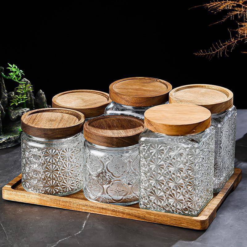 復古海棠花紋方瓶玻璃密封罐廚房收納零食茶葉罐調味料儲物容器