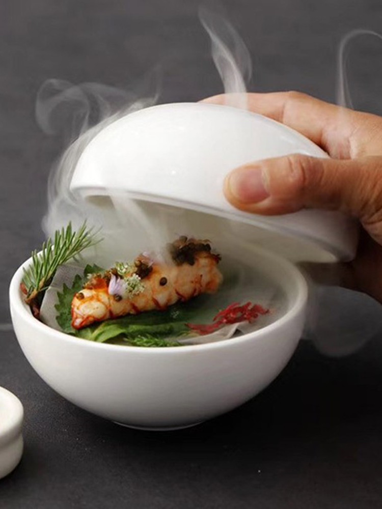 創意位上球形餐具磐子碗分子料理陶瓷餐厛西餐法式帶蓋菸燻盅白色