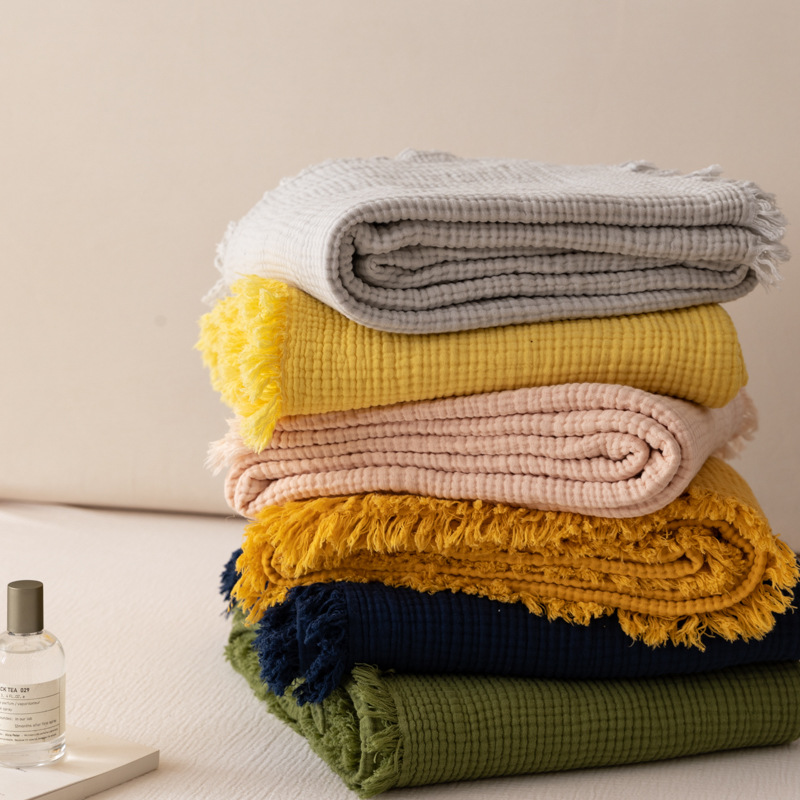 日式全棉四層紗布皺皺流蘇毯純色簡約溫馨舒適臥室單人蓋毯被 (6.9折)