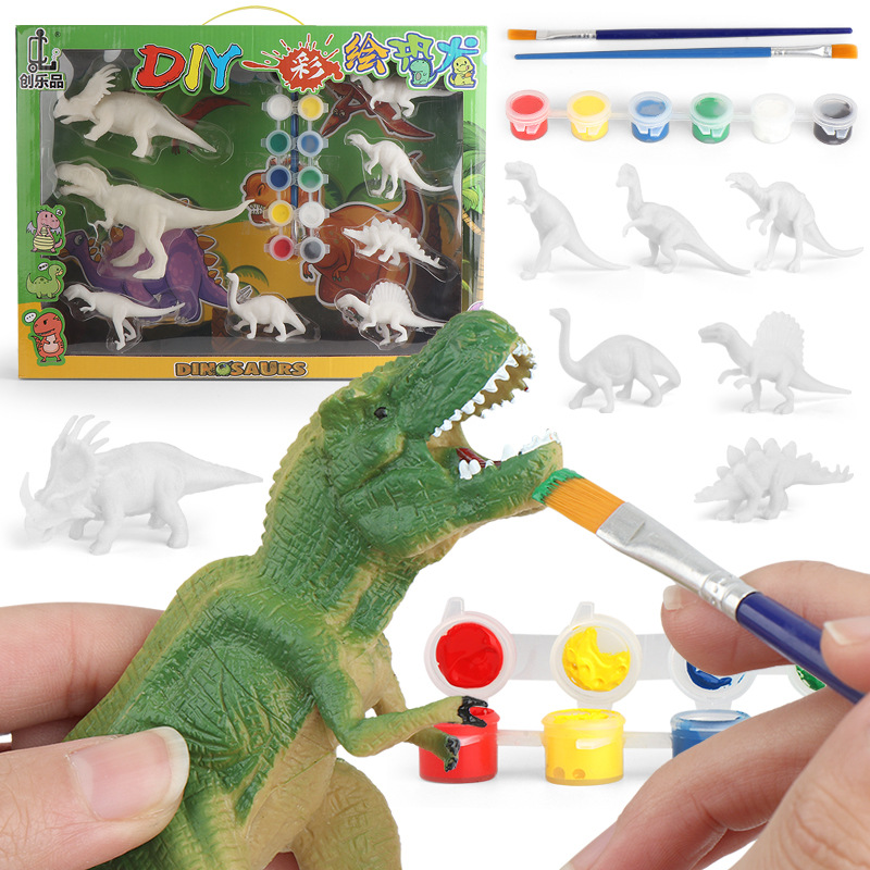 diy彩繪恐龍模型塗鴉遊戲8款恐龍白膜禮盒促進兒童創造力