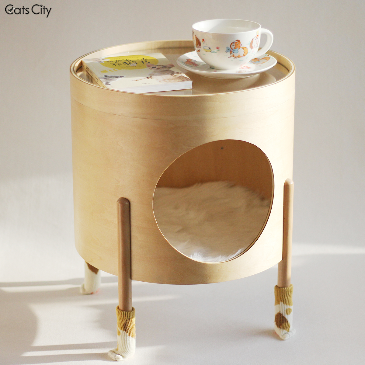 catscity原創設計 北歐風木製人貓共用圓形茶几貓窩 邊幾床頭櫃 邊櫃