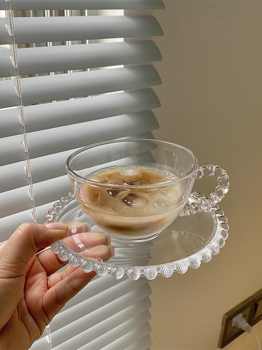 ins 中古風 透明玻璃 珠珠手柄 法式咖啡杯碟套裝 下午茶 花茶杯 牛奶杯