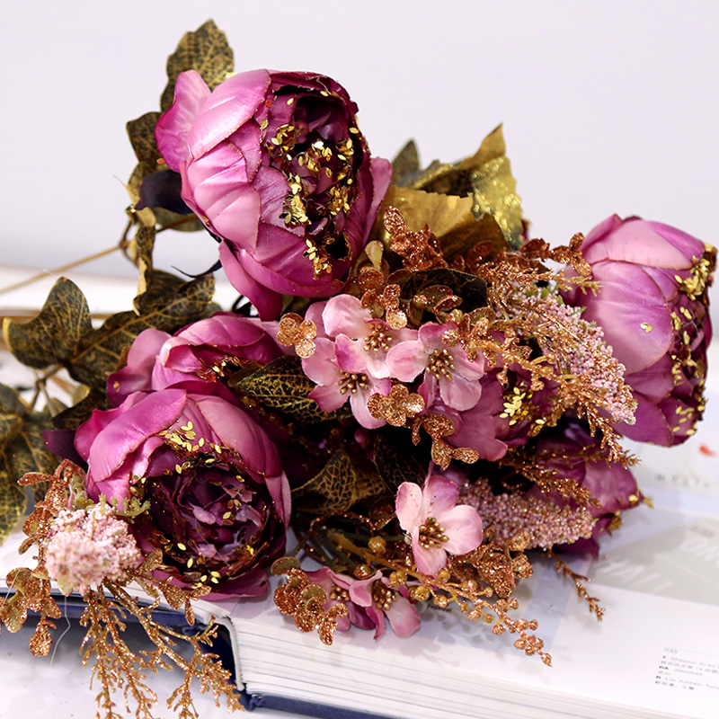 歐式復古仿真牡丹假花客廳裝飾花藝塑料花束擺放花卉家居裝飾品