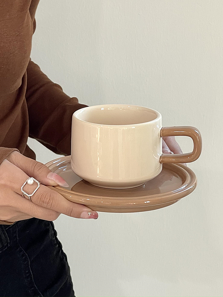 復古法式浪漫撞色咖啡杯碟下午茶拿鐵杯早餐