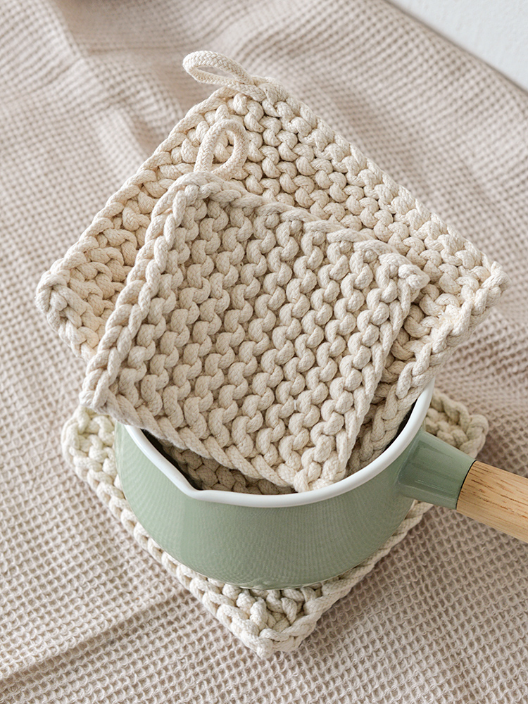 自然日式 加粗棉線編織 方形杯墊 茶壺隔熱 桌墊 餐墊