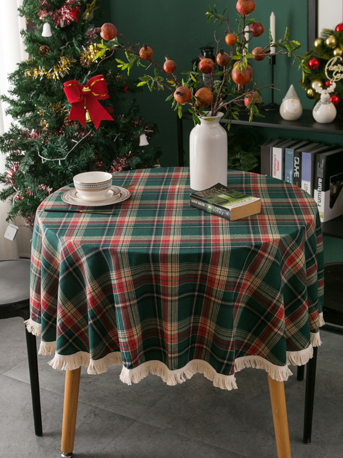美式聖誕節複古紅綠格子流囌圓桌佈節日裝飾台佈北歐圓形餐桌蓋巾