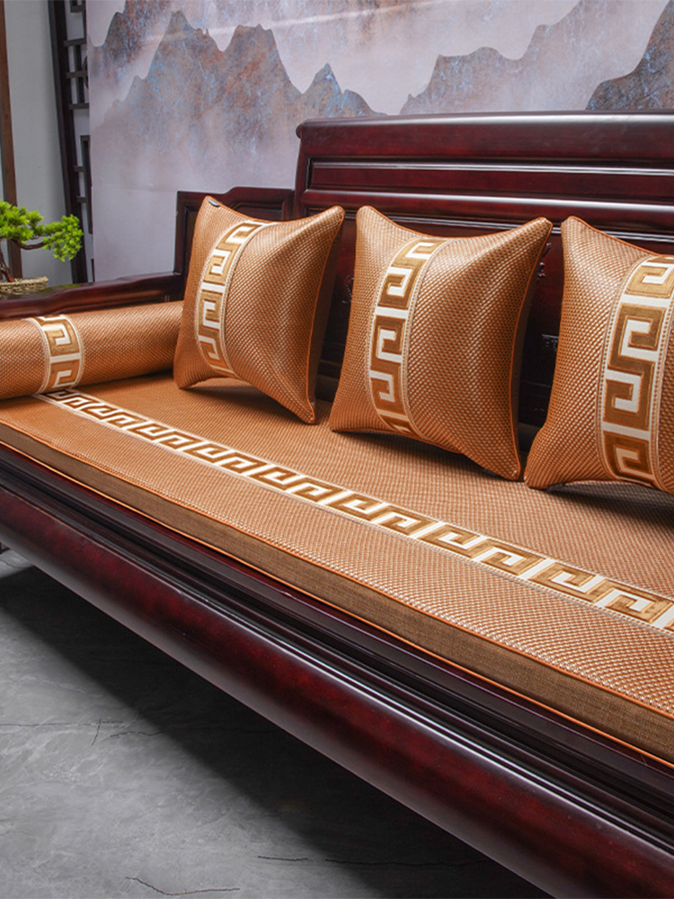 實木新中式沙發坐墊藤席涼蓆套罩防滑冰絲羅漢床墊涼感舒適新中式風格