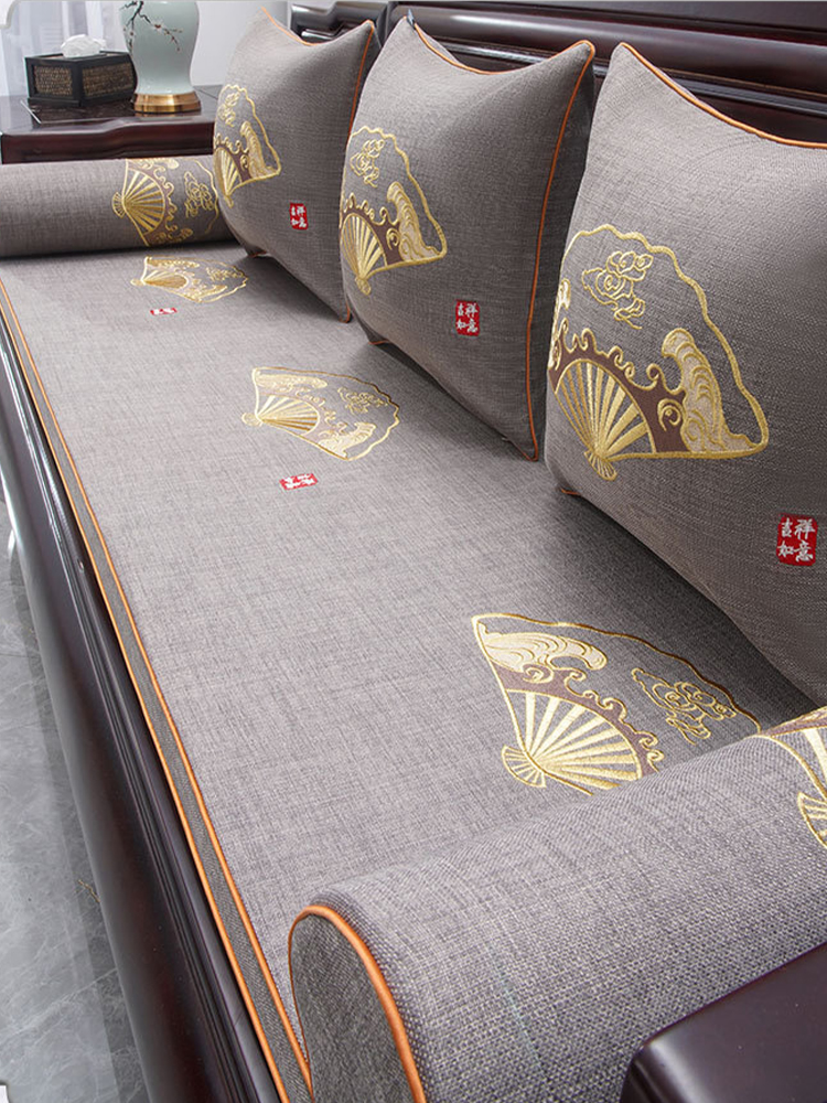 新中式紅木沙發坐墊棉麻實木傢俱套罩防滑羅漢床海綿座墊四季通用
