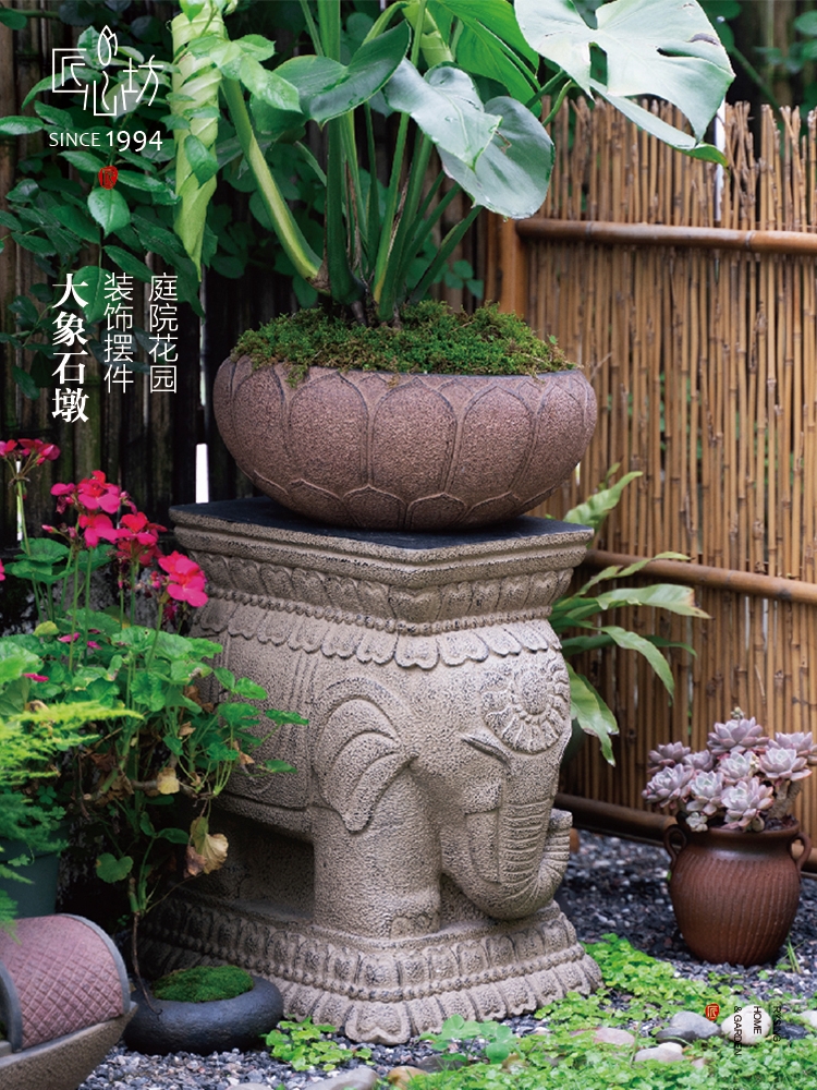 石墩花盆打造花園東南亞風情 庭院露臺景觀造景裝飾