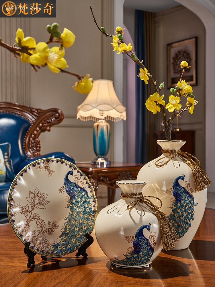 歐式風格陶瓷花瓶擺盤孔雀喬遷新居裝飾擺件