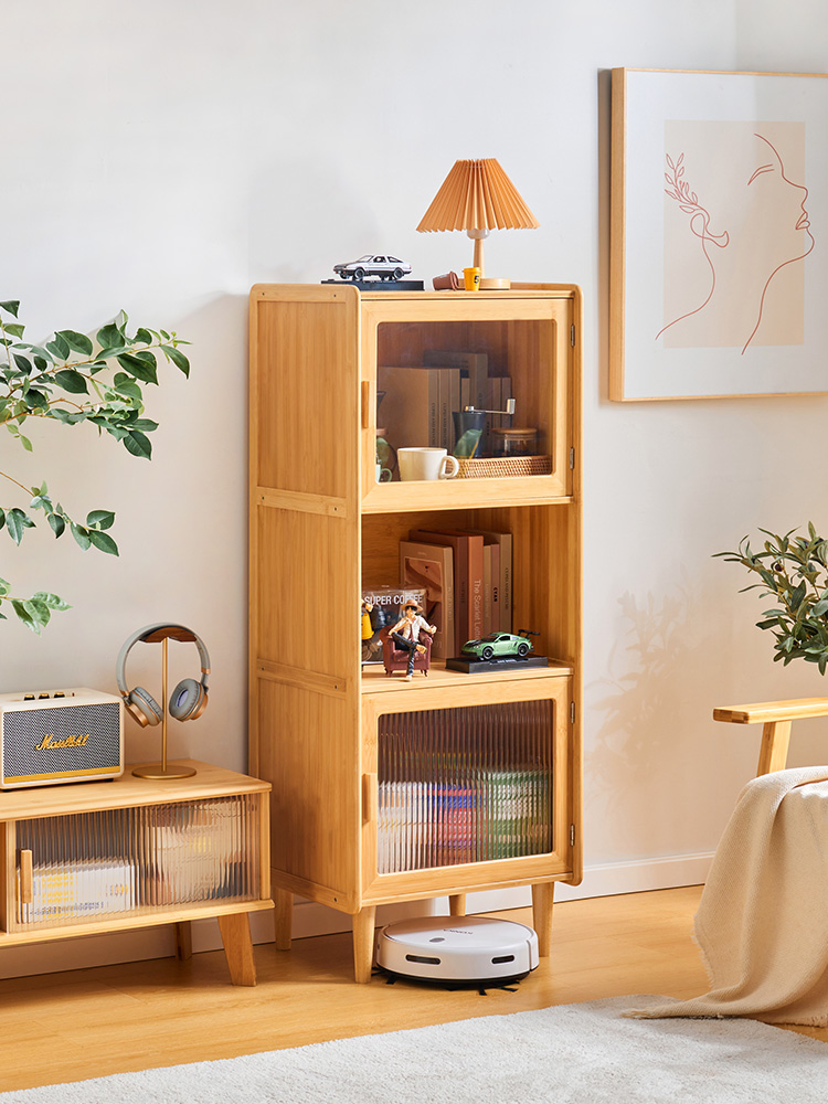 日式實木書櫃 現代簡約設計長虹玻璃門多功能收納客廳電視邊櫃落地置物櫃 (6.9折)