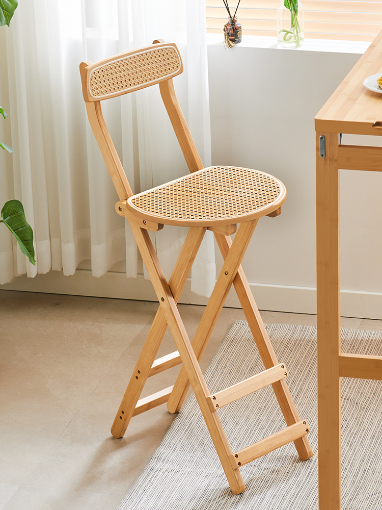 簡約時尚 藤編靠背可摺疊吧檯椅 家用現代高腳凳 餐廳日式木椅 (8.3折)