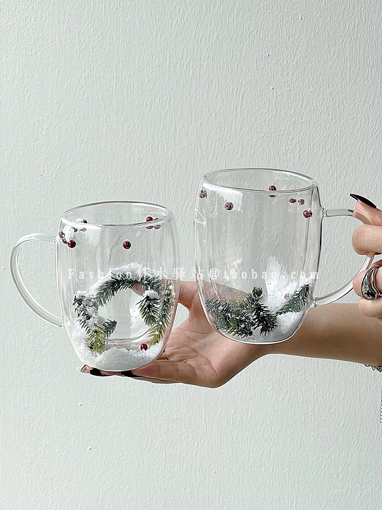 創意設計感雙層耐熱玻璃杯聖誕雪花圖案350ml容量適合通用場景