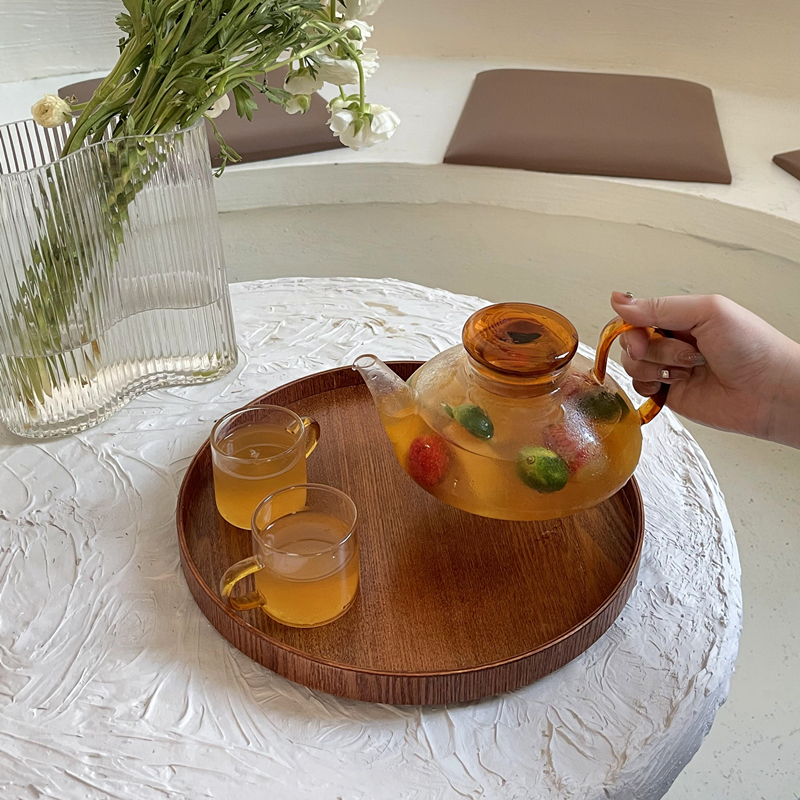日式琥珀色玻璃花茶壺耐熱水果壺下午茶茶具簡約套裝涼水扎壺