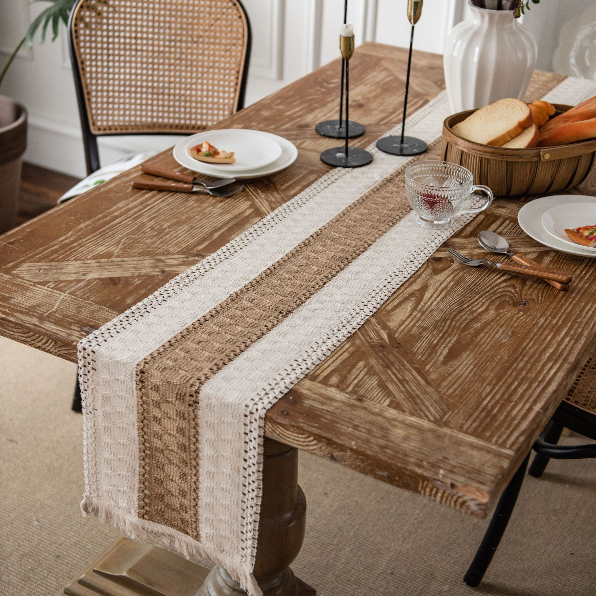 波西米亞風麻繩編織桌旗 美式復古鄉村純色流蘇長條桌布 法式餐墊 (5.2折)
